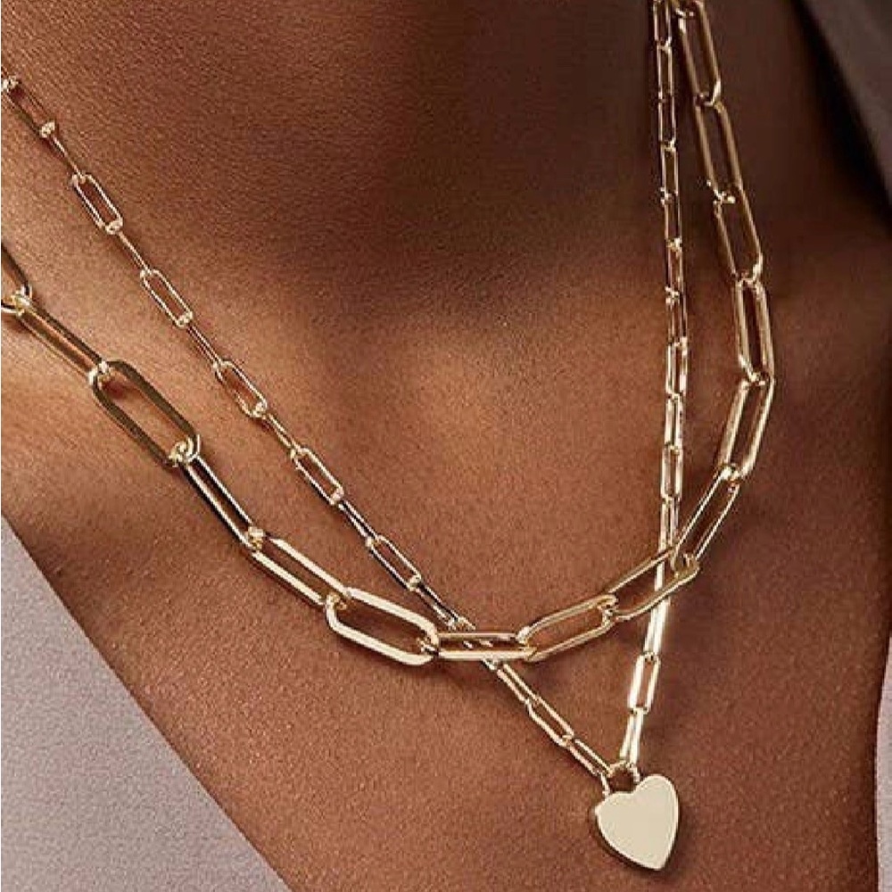 NWT Double Chain Layered Heart Pendant Charm Necklace Gold - Picture 3 of 7